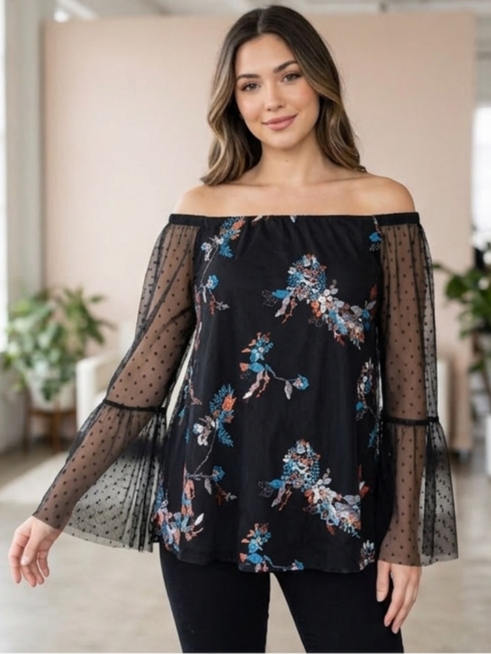 Elana Kattan Whimsical Embroidered Tulle Bell Sleeves Edge Of Shoulder Blouse -L